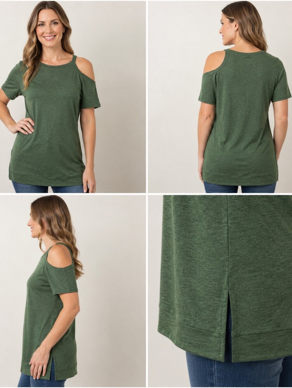 #1146 NWOT TEMOFON Green Cold Shoulder Tunic Short Sleeve Casual Stretch Tee